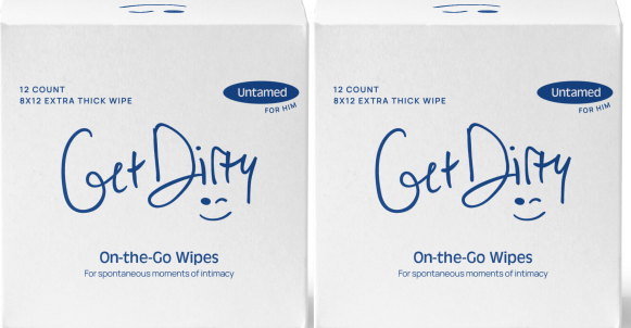 GetDirty personal hygiene pre sex cleansing wipe 2 box bulk pack of male fragrance 24 individually wrapped wipes, picture of packaging facing forward with logo