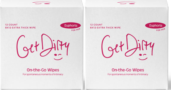 GetDirty personal hygiene pre sex cleansing wipe 2 box bulk pack of 24 individually wrapped wipes, facing forward with logo
