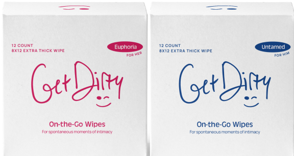 GetDirty personal hygiene cleansing wipes product packaging box male and female box of 12 individually wrapped wipes front facing with logo in front.